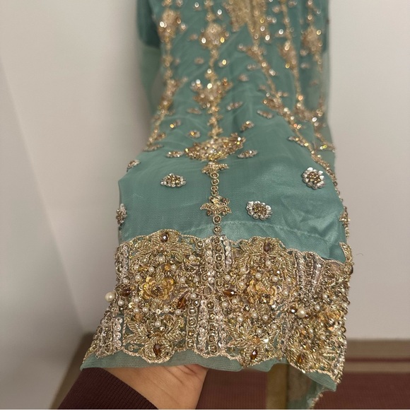 Mint Green and Gold Three-Piece Salwar Kameez Heavy Stonework| Size Approx Large - Picture 9 of 14